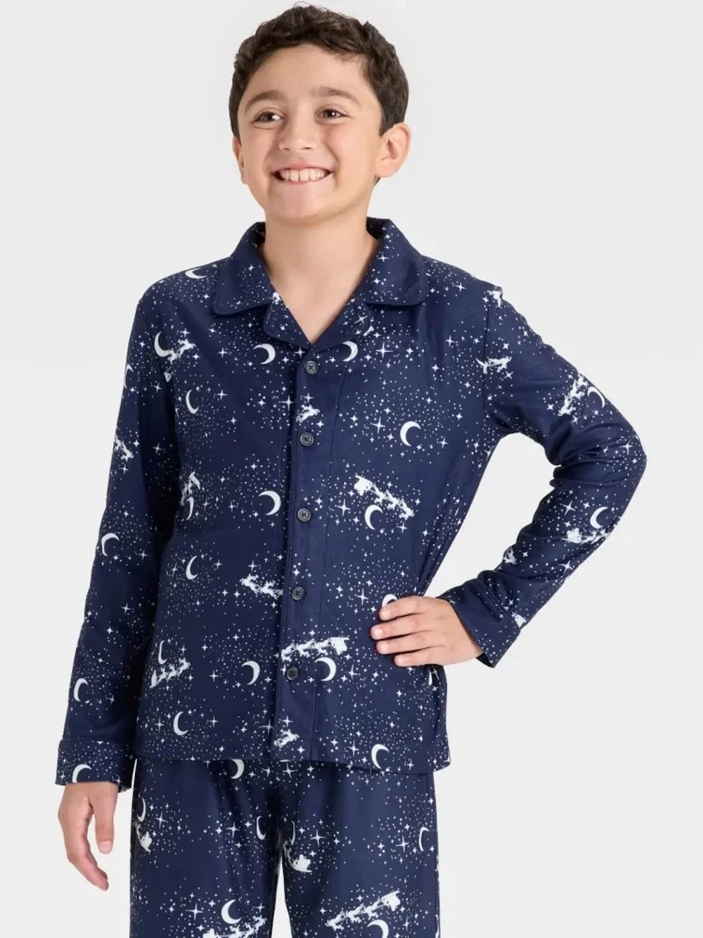 Cat & Jack Boys Navy Blue Santa Sleigh Christmas Long Sleeve Flannel Pajama Set